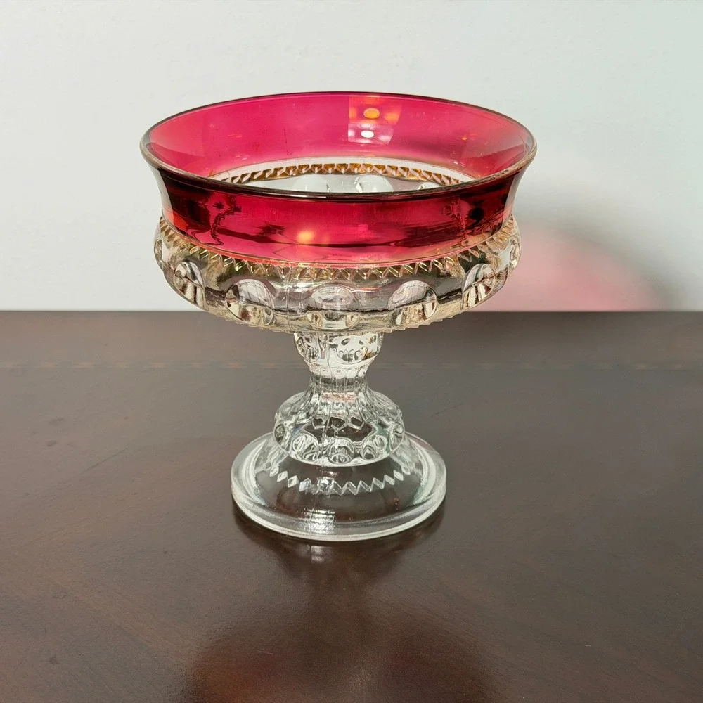 Vintage Indiana Glass Kings Crown Thumbprint Ruby Flash Compote Pedestal Bowl